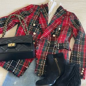 Red Plaid Tweed Rachel Zoe Double Breasted Blazer